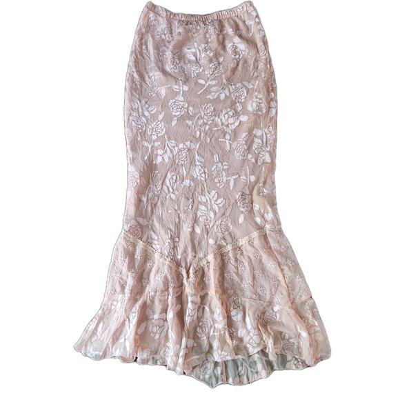 Steppin' Out Vintage Pink Foral Burnout Silk Mermaid Ruffle Maxi Skirt Size 10 - Picture 1 of 9